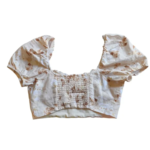 House of Harlow 1960 Linen Blend Sweetheart Crop Top Cream Brown Print Puff , 10 - Image 4