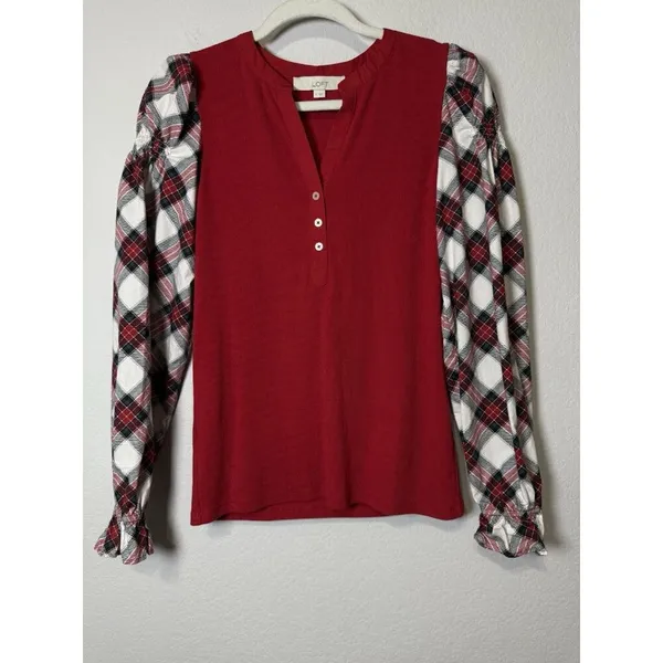 LOFT Women’s Ribbed Henley Red Plaid Mixed Media‎ Puff Shirred Ruffle Sleeves S - Image 14