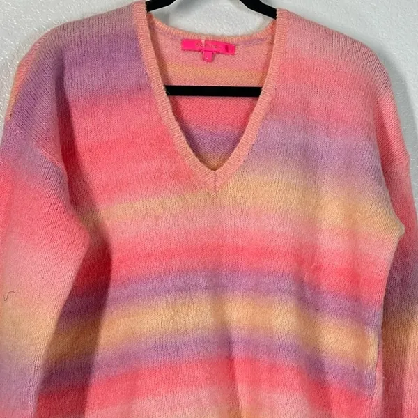 L Lilly Pulitzer Chiya Sweater fuzzy pastel rainbow stripe wool V-neck pink - Image 5