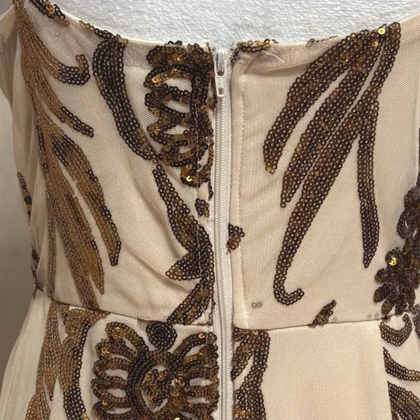 Windsor Sequin Maxi Dress Gold Bronze Damask Formal Prom Gown Art Deco Glam L - Image 7