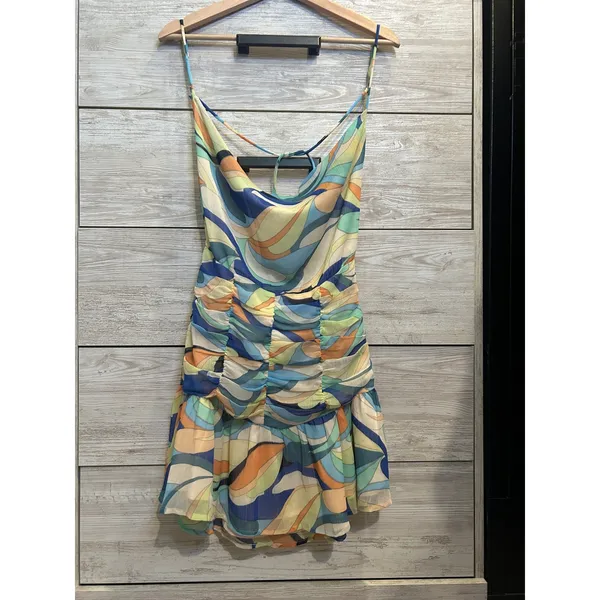 Sky to Moon Retro Swirl Print Ruched Mini Dress Blue Orange Cowl Neck Large - Image 2