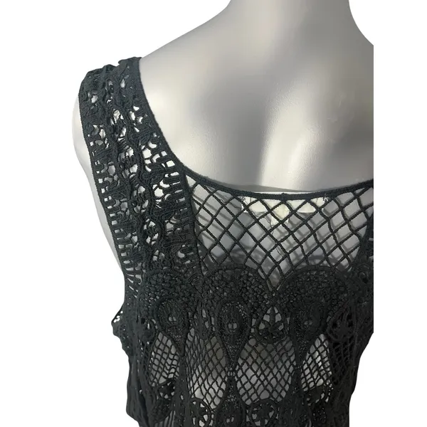 Black Crochet Fringe Vest Boho Chic Fairycore Knit Festival Tassels Badass Small - Image 6