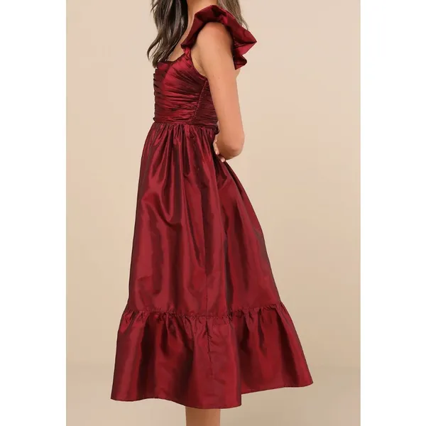 Lulus Poised Passion Wine Red Taffeta Pleated Ruffled Midi Dress - Image 2