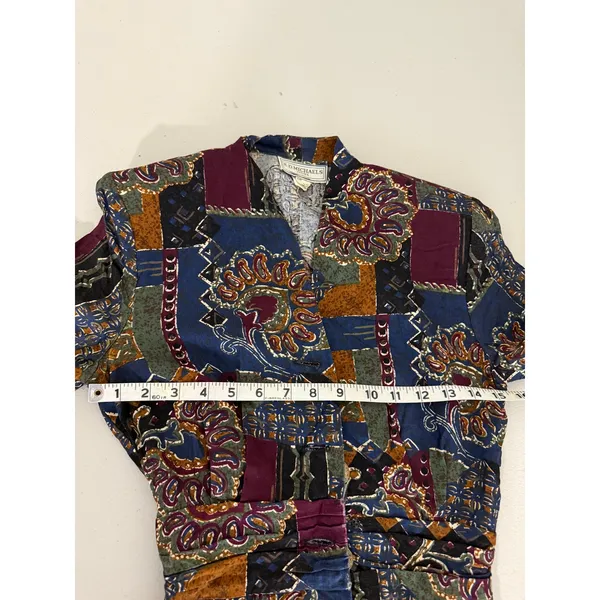 Women's Vintage Funky Retro Long-sleeved Patchwork Print Button Artsy Dress 6P - Image 6
