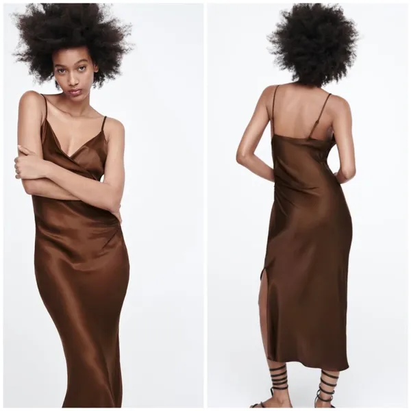 Zara satin effect midi brown dress - Image 3