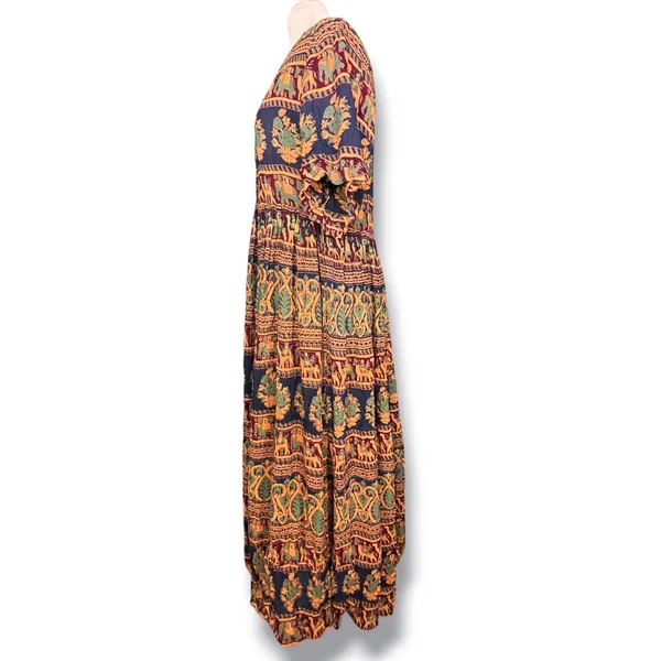 Vintage 90s Rayon Elephant Camel Print Boho Crinkle Maxi Dress Eclectic Artsy - Image 3