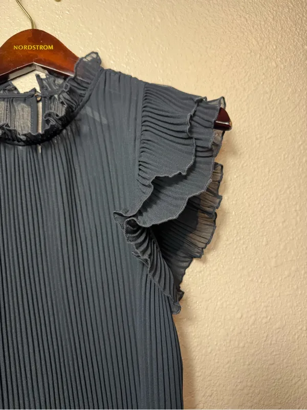 Anthropologie Pleated Sheer Chiffon Ruffle‎ Mock Neck Blouse Slate Blue Size M - Image 4
