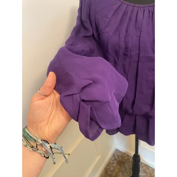 Joie Silk Long Sleeve Blouse Peasant Top Purple Scoop Neck Smocked Elastic Waist - Image 2