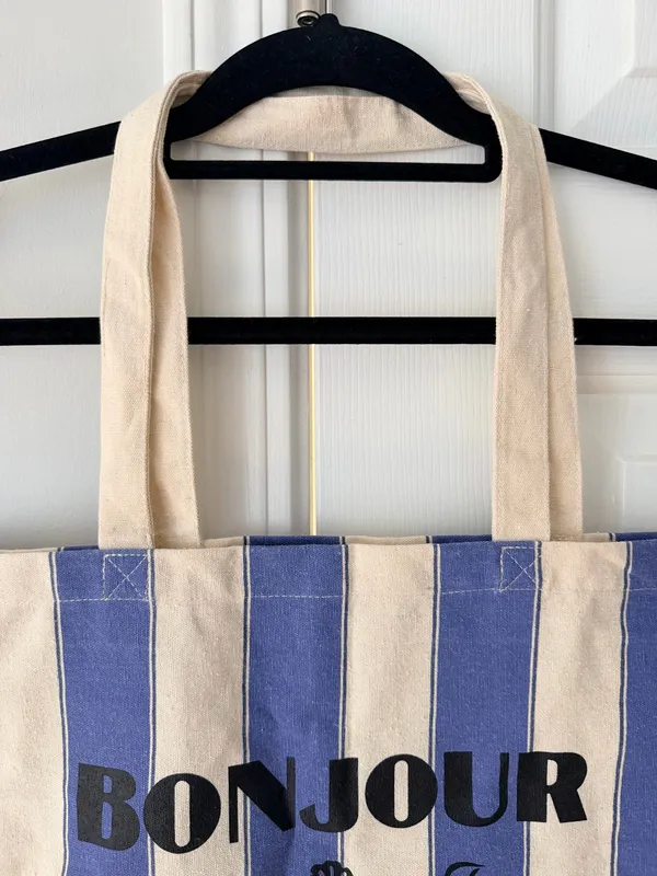 Sézane Blue Stripe Bonjour Amour Tour From Paris Canvas Tote - Image 5