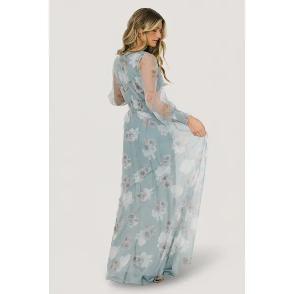 NWT Baltic Born Layla Tulle Maxi Long Sleeve V-Neck Dress Light Blue Floral XL - Image 2