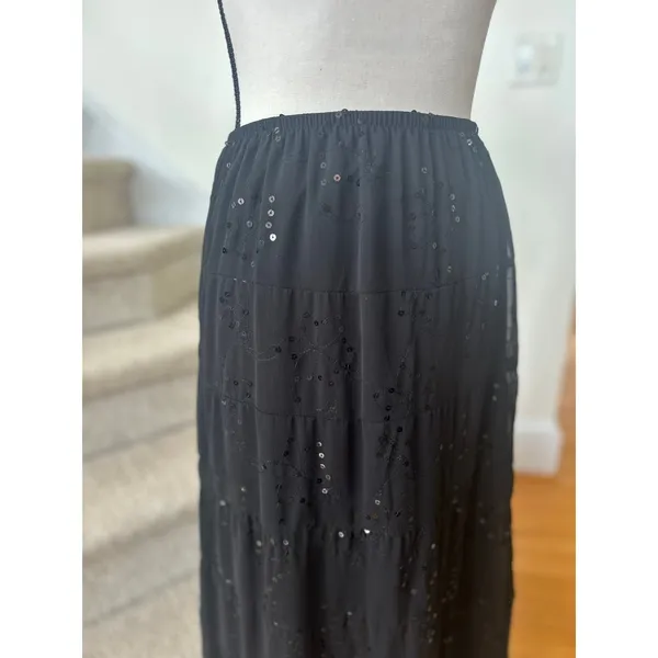 Vintage Y2K Black Sequin Embroidered Floral Tiered Whimsygoth Fairy Midi Skirt - Image 2