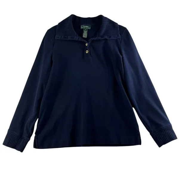 Lauren Ralph Lauren Medium M 1/4 Button Cotton Sweater Navy Blue LRL Women's - Image 2