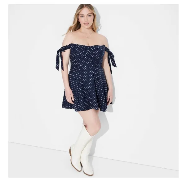Megan Moroney Blue Polka Dot Corset Mini Dress Size XXL Off Shoulder Heart Retro - Image 3