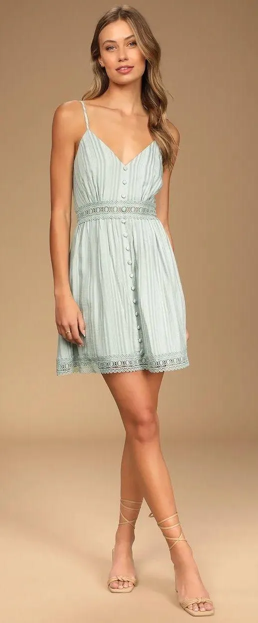 Sage Crochet Lace Button- Front Mini Dress - Image 2