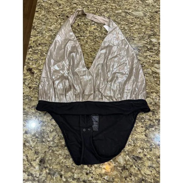 Allsaints Dora champagne bodysuit One Piece Size 10 MSRP‎ $169 Metallic Halter - Image 6
