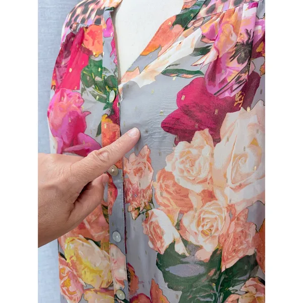 Figueroa & Flower Blouse Gray Floral Leopard Metallic Sheer XL - Image 5