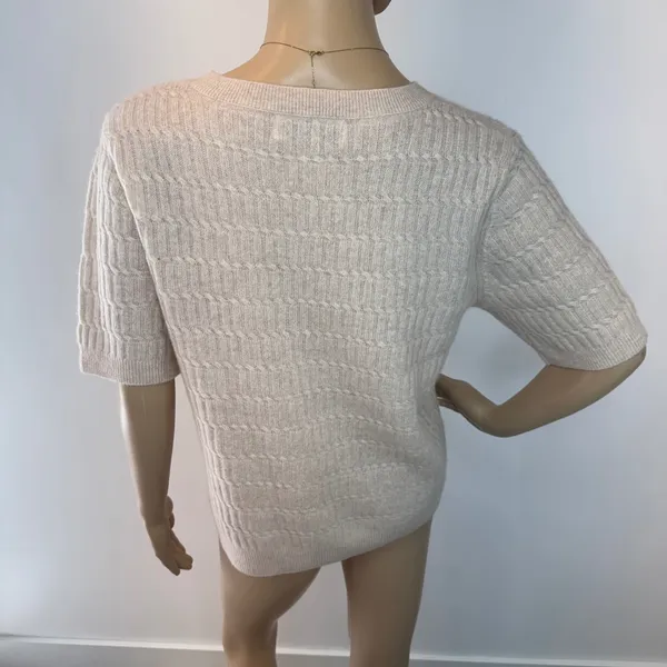 Magaschoni 100% Cashmere Short‎ Sleeve Sweater Cable Knit Beige Tan Womens S M - Image 4