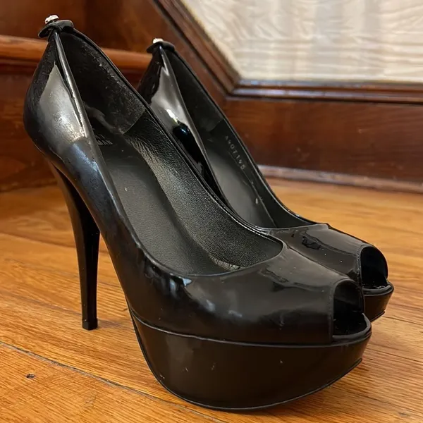 Stuart Weitzman Black‎ Patent Leather Platform Peep Toe Pumps Size 7M - Image 8