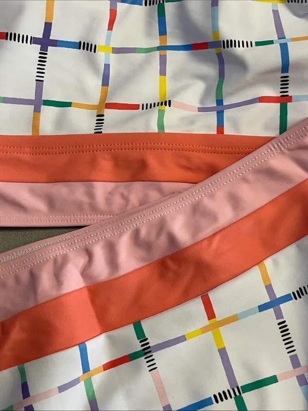 High-Waist Plaid Bikini Scoop Neck Pink Band Patchwork Wire Free Wide Strap L - Image 9