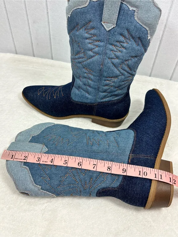 C. Est 1946 Denim Two-Tone Cowboy Heeled Boots Blue Wide Calf Size 7 - Image 8