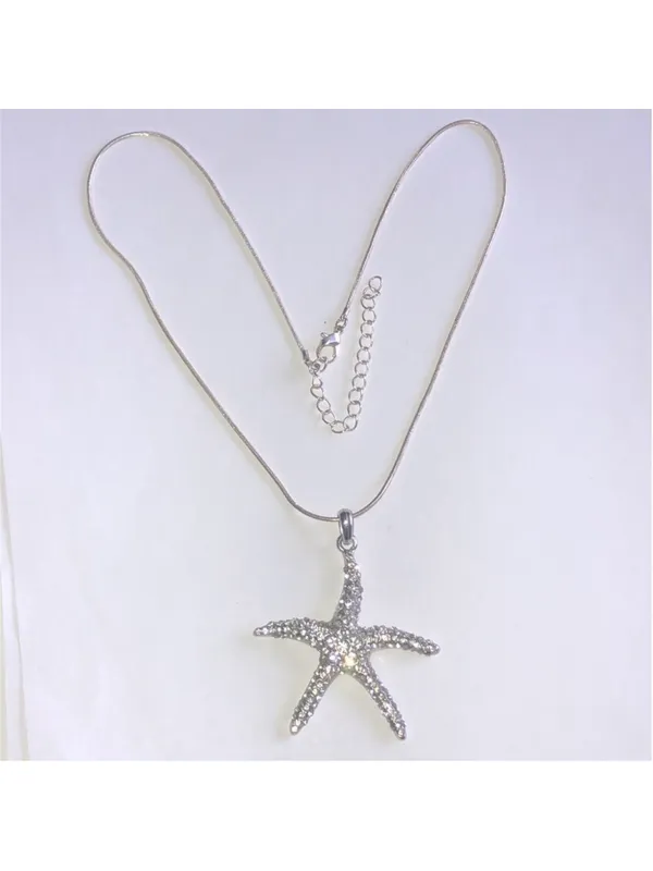 Silver Tone CZ Rhinestone Starfish Boho Pendant Necklace - Image 3