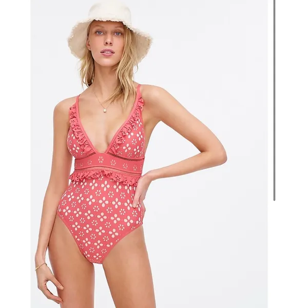 J.Crew Scalloped Ruffle Plunging‎ One-piece in Laser-cut Eyelet Pink size 8 - Image 2
