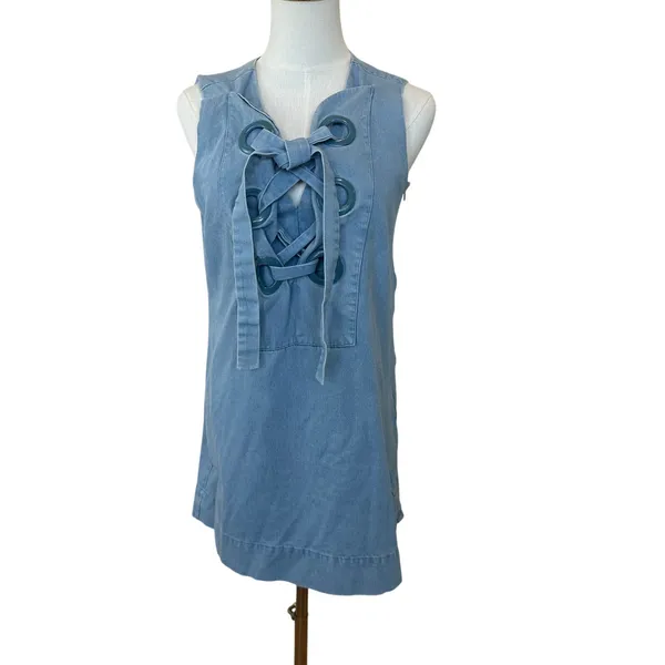 English Factory Denim Lace Up Mini Dress SMALL Shift Light Wash Western $110 - Image 7