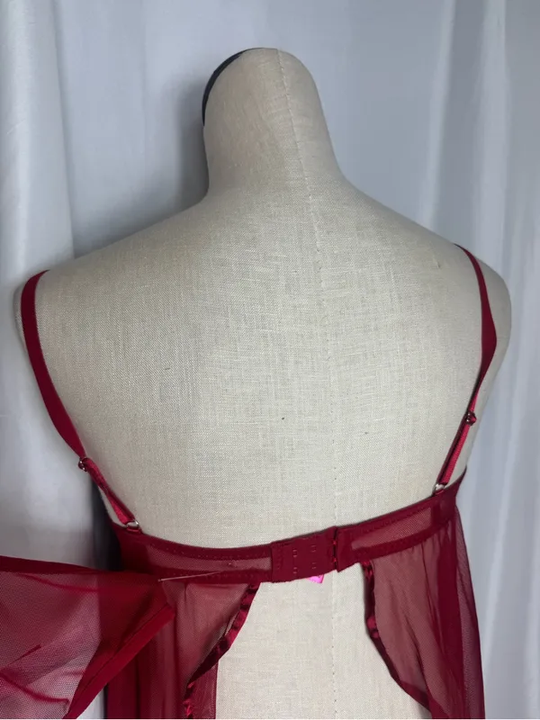 Betsey Johnson lingerie Y2K style babydoll 2 piece Red Satin Mesh Bow Small NWT - Image 5