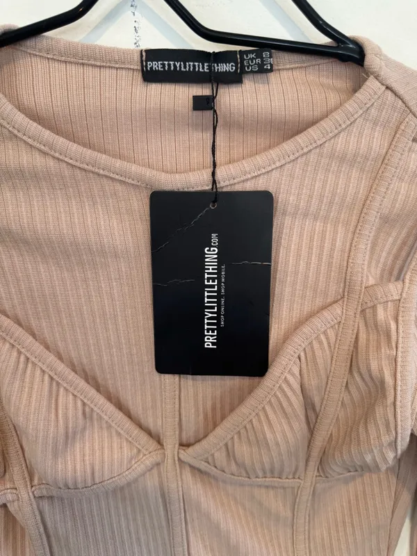 PRETTYLITTLETHING Nude Ribbed Long-Sleeve Bodycon Dress - Image 3