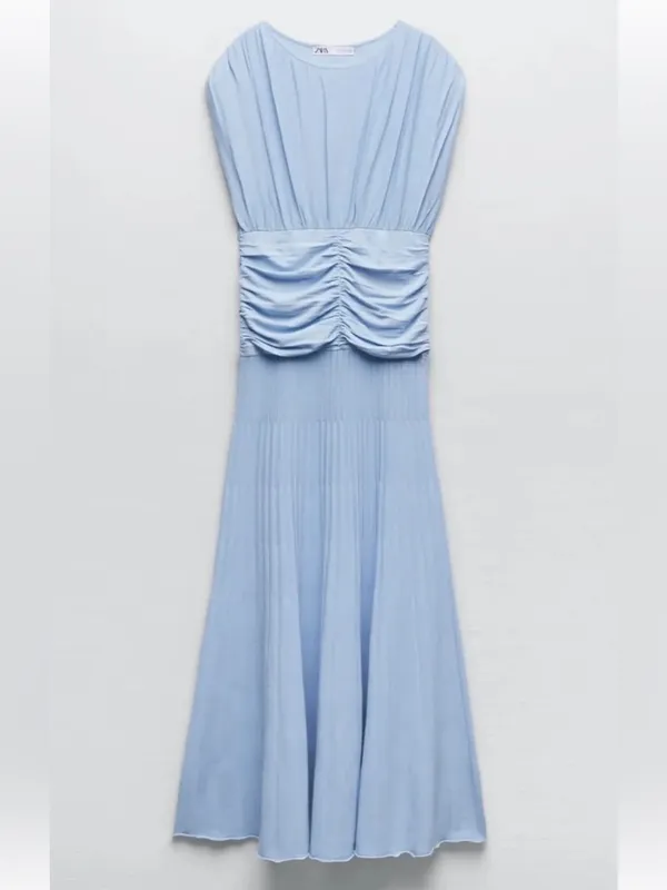 Zara ruched pleated knit Light Blue Midi Dress, stretchy - Image 12