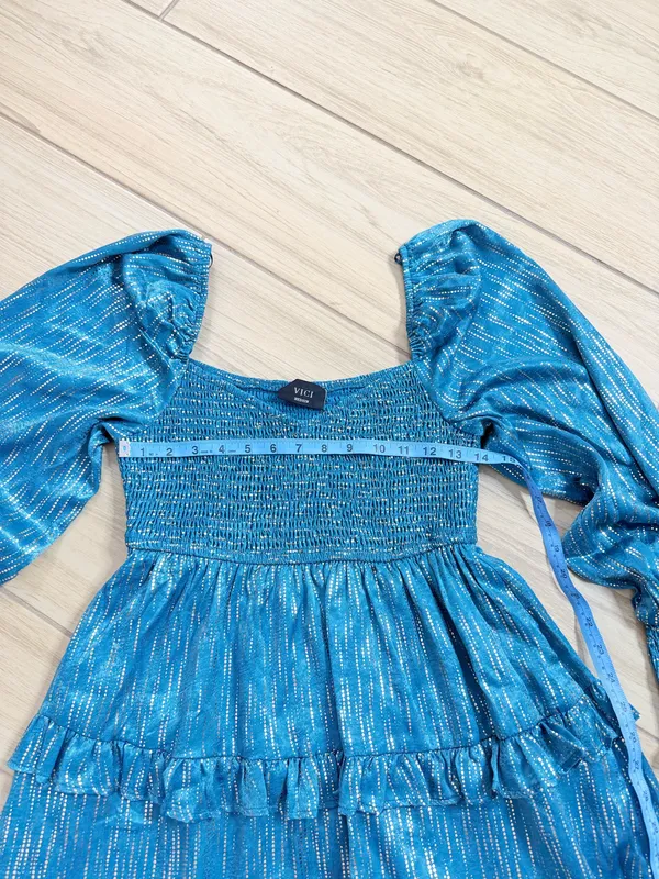 VICI Teal Metallic Stripe Tiered Mini Dress Smocked Puff Sleeve NWOT Size M - Image 5