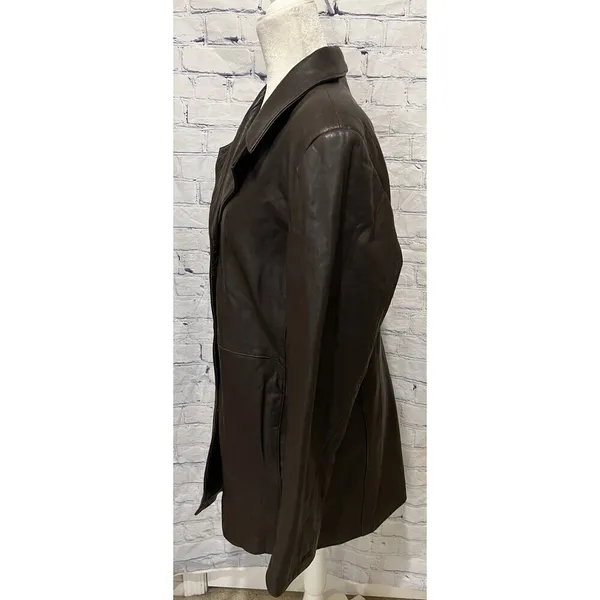 ALFANI Brown GENUINE LEATHER JACKET COAT Button Front Women's Large - Image 3