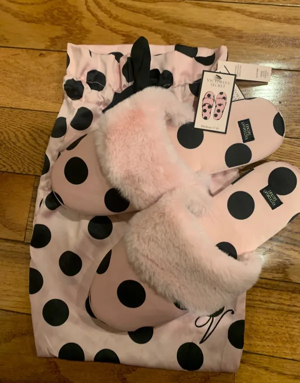 Victoria's Secret Signature Satin Slippers Pink/Black Polka Dot /Faux Fur M7/8 - Image 11