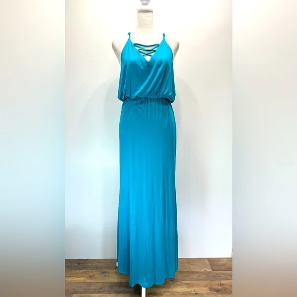 Turquoise Maxi Dress Knit Strappy Backless ModCloth by South Grand Size Medium - Image 3