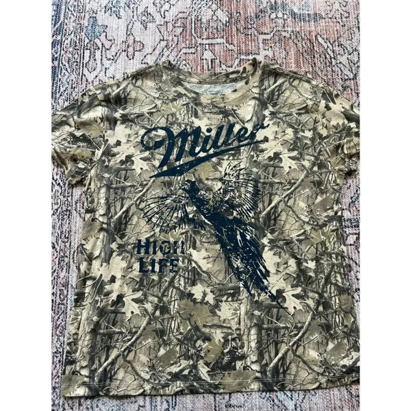 Miller High Life Graphic Camo Tee NWOT Tan with Navy Print Size Large - Image 7