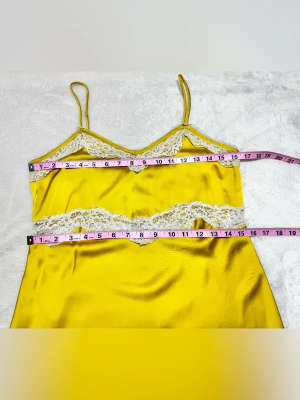 Zara Yellow Satin Finish Slip Dress with White Lace Trim Size Small - Image 12
