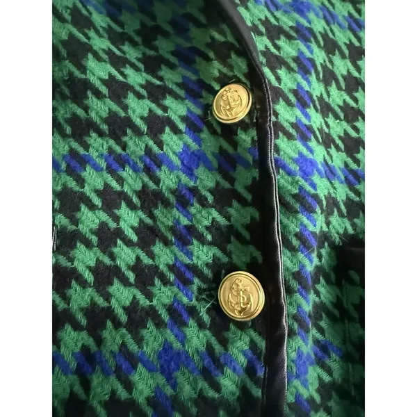 Avec Les Filles Women Houndstooth Leather Trim Blazer Jacket L Chic Plaid 70s - Image 5