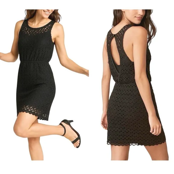 Free People Black Crochet Lace Mini Dress Open Back Sleeveless Scalloped Hem XS - Image 2