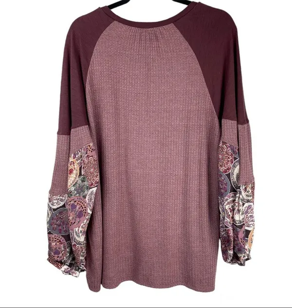 Umgee Waffle Knit Balloon Sleeve Sweater Top Sz Large Boho Patchwork - Image 5