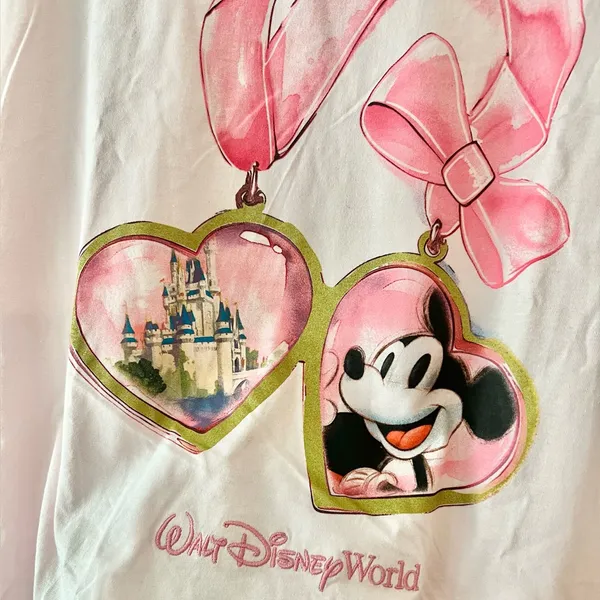 NWT Disney Parks Mickey Mouse Cinderella Castle Heart Locket Bow Pink Shirt M - Image 2