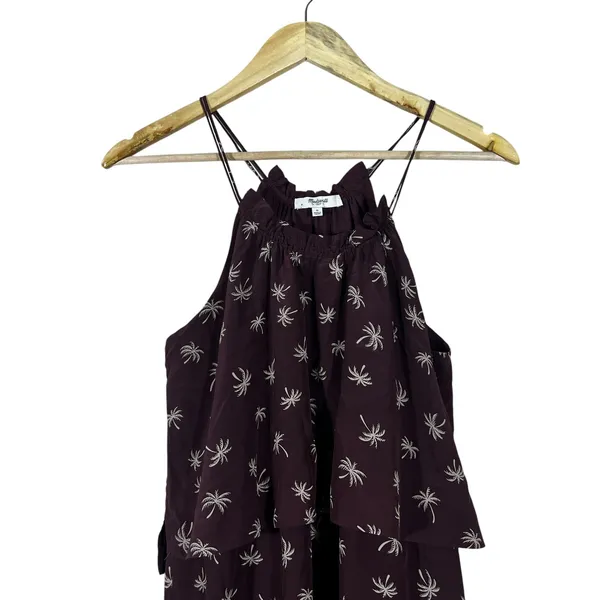 Madewell Dream Drift Overlay Palm Tree Halter Dress 100% Silk Plum Purple Size 0 - Image 3