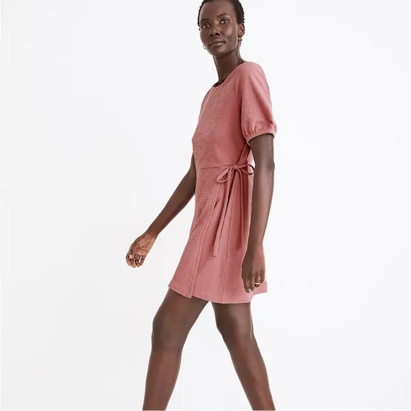 Madewell Crosshatch Short Puff-Sleeve Faux-Wrap Mini Dress Pink Mauve Size Small - Image 9