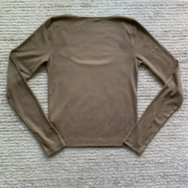 Thakoon Rib Knit Square Neckline Long Sleeve Tee Brown Size Medium - Image 4