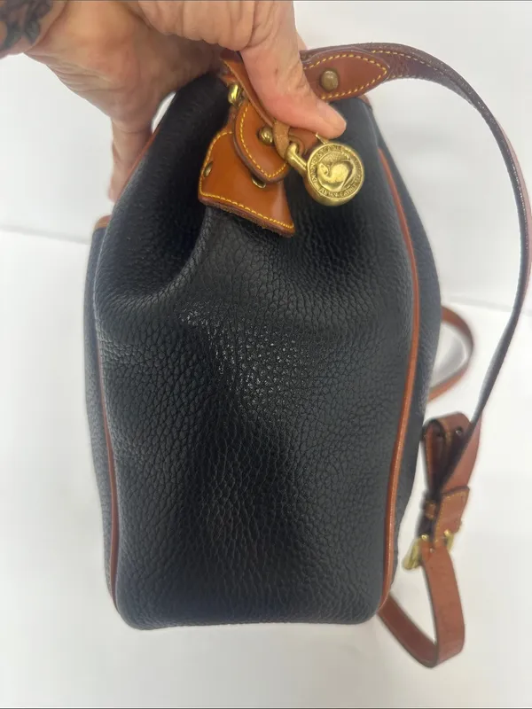 Dooney & Bourke Black Pebbled Leather Drawstring Bucket Bag with Tan Trim - Image 4