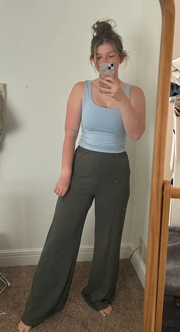 Shein Green Flowy Pants Ribbed Forest Flare - Image 3