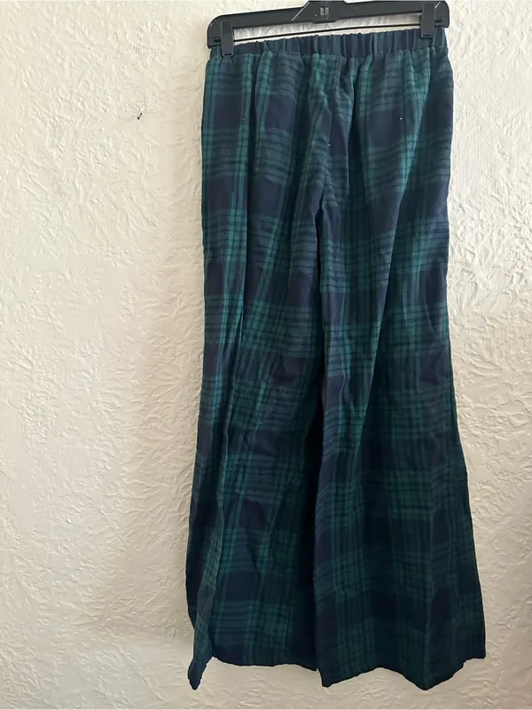 Edikted Lounge Around Plaid Wide Leg Pants Navy Blue Green Small - Image 9