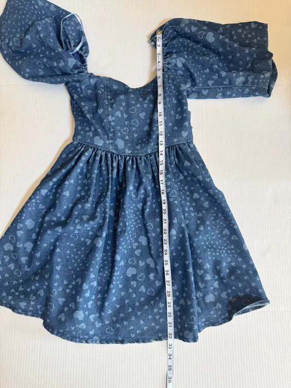 NWT Avec Les Filles Swirling Hearts denim puff sleeve babydoll minidress bow S - Image 12
