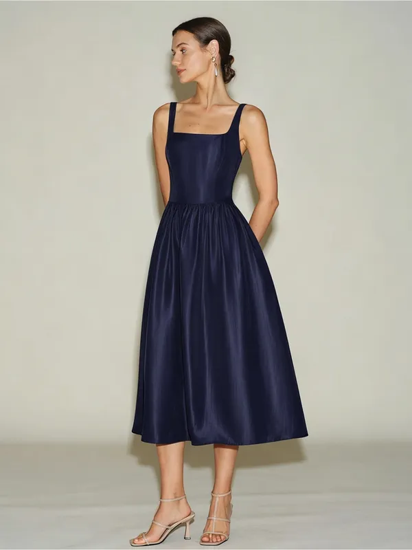 Rihoas Navy Blue Slip A-Line Midi Dress - Image 4