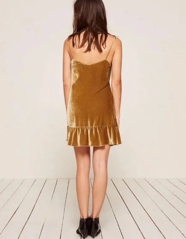 NEW WITH TAGS Reformation Gold Velvet Mini Dress Tie Front Ruffle Hem Size S - Image 2