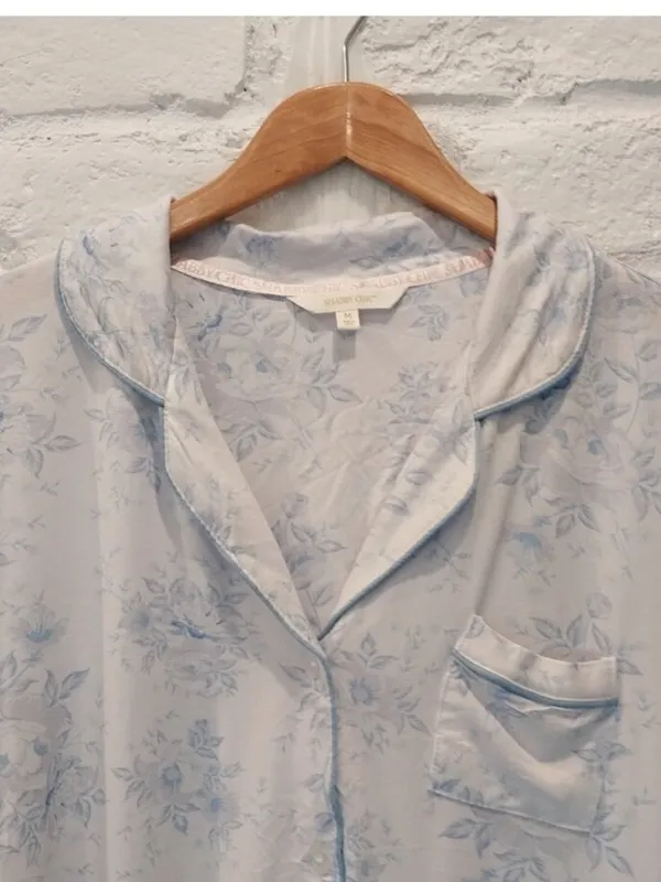 SHABBY CHIC Pajama Set Women Medium 6 Blue Floral Soft 2 PC Stretch Short Sleeve - Image 2